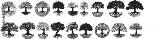 4 vector designs of trees with leaves and roots, clip art in black on a white background, in the style of Celtic symbolism illustration.eps