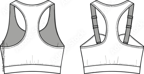 Sports bra CAD sketch, fashion technical drawing, women’s activewear template, racerback design vector, adjustable strap illustration, seamless garment pattern, fitness clothing design