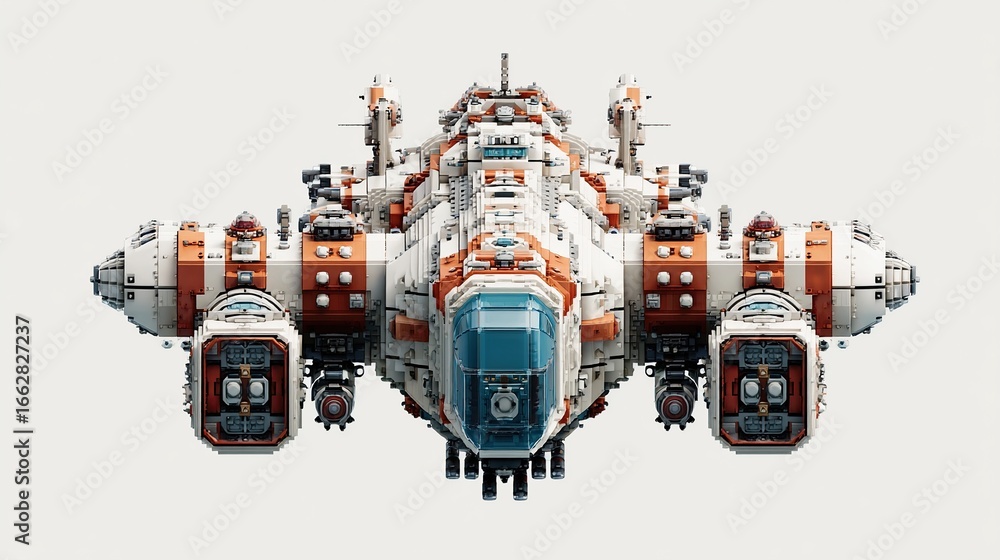 Fototapeta premium A futuristic spacecraft, predominantly white and orange, features multiple engines, detailed paneling, and a central cockpit. It's presented in a front-on view against a plain grey background