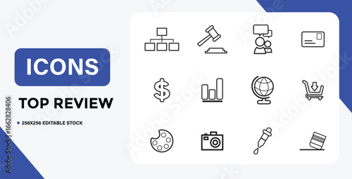 Set of line icons for business finance art and law topics