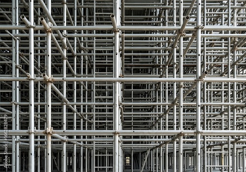 Complex framework of scaffolding, creating a layered tubular structure
