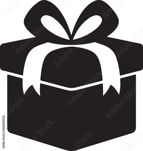 Black and white icon of a gift box with a bow present ribbon