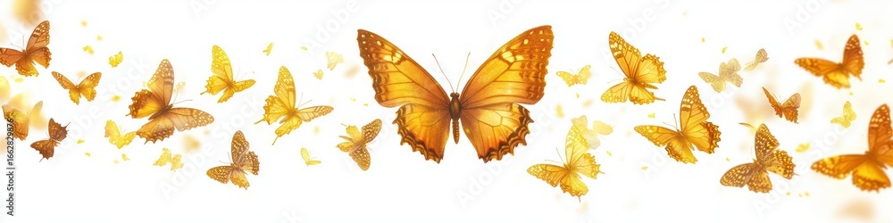 Fototapeta premium A vibrant swarm of orange and yellow butterflies gracefully flying across a bright white background, evoking feelings of freedom and natural beauty