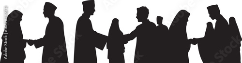 Silhouettes of people in traditional Islamic clothing interacting and praying Muslim traditional clothing