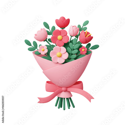 Mother's Day floral bouquet: a minimalist 2D flat vector illustration with sculpted 3D flowers wrapped in a smooth pink gradient ribbon, isolated on a clean white background.