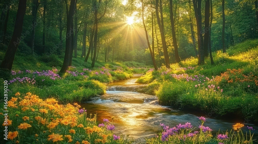 Fototapeta premium Sunlit forest with a flowing stream surrounded by colorful wildflowers and tall trees creating a peaceful and serene natural scene