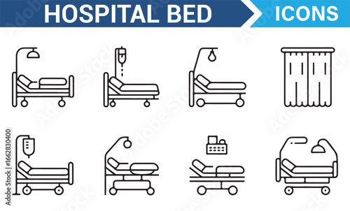 Illustrative Icons of Hospital Bed Frames, IV Drips, and Medical Devices
