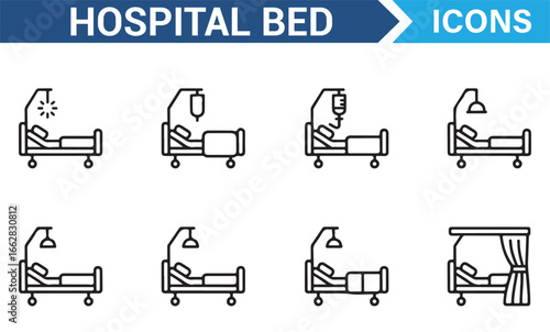 Set of Medical Bed and Patient Care Equipment Icons for Healthcare Graphics
