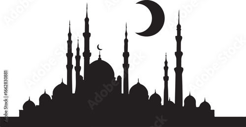 Black silhouette of a mosque with domes and minarets against a white background with a crescent moon