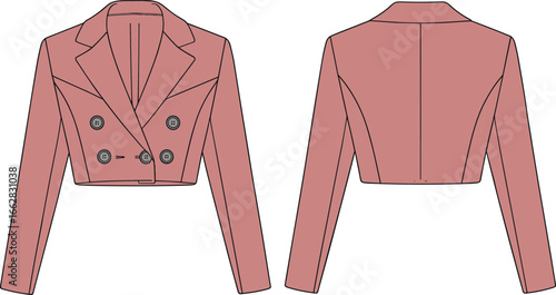 Cropped blazer fashion sketch, double-breasted design, wide lapel, front and back view, tailored silhouette, garment template, vector illustration