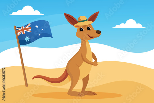 Cartoon kangaroo with an australian flag standing in the desert landscape