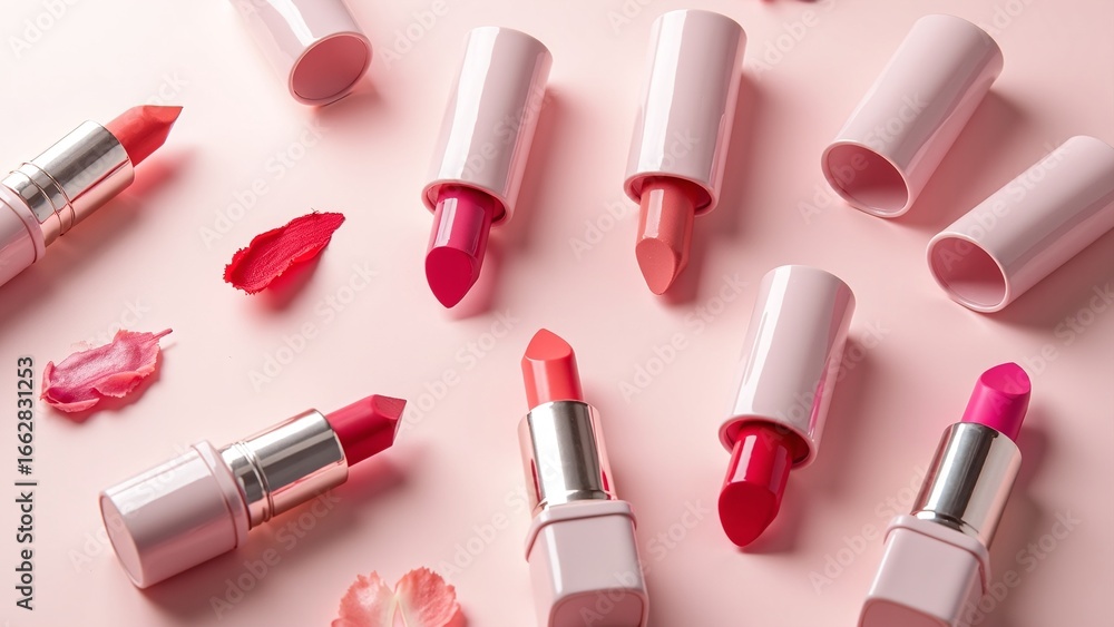 Obraz premium Top view of a vibrant collection of assorted lipstick shades. Makeup and cosmetic beauty products arranged in a frame on a delicate pink background