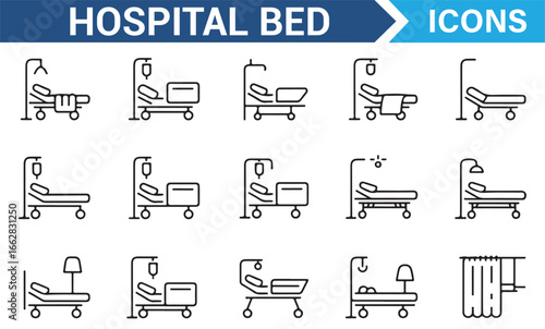 Thin Line Art Icons for Hospital Furniture and Medical Treatment Rooms