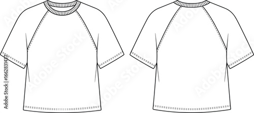 Unisex short sleeve raglan t-shirt fashion flat sketch, casual tee vector template, apparel technical drawing, modern clothing design, stylish garment illustration