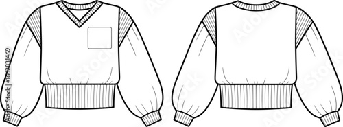 V-neck sweater sketch, puff sleeve design, ribbed hem and cuffs, chest pocket detail, front and back view, fashion template, vector