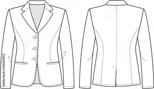 Women’s tailored blazer fashion flat sketch, vector jacket technical drawing, stylish formal coat template, apparel design CAD illustration