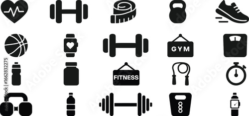 set of fitness and gym icons collection including dumbbells, stopwatch, workout shoes, kettlebell, nutrition and health symbols
