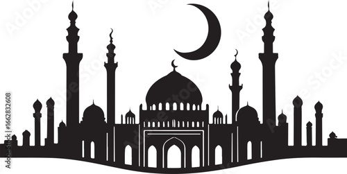 Black silhouette of a mosque with minarets and crescent moon against white background Islamic architecture