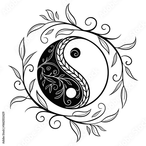 Elegant black and white yin yang symbol adorned with delicate swirling branches and leaves