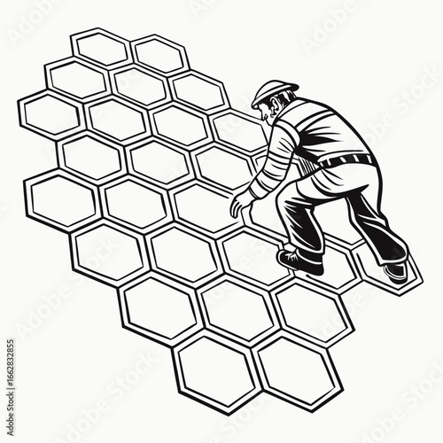 Man in striped shirt and cap climbing on a honeycomb pattern structure