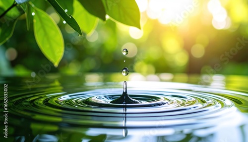 Wallpaper Mural Water drop splashes in clear pond with green leaves background. Torontodigital.ca