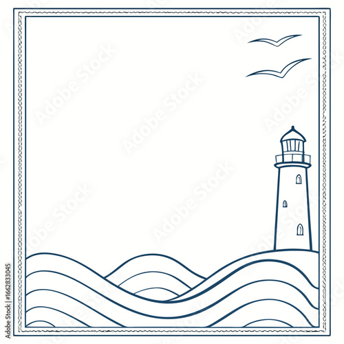 Stylized illustration of a lighthouse on a rocky outcrop with stylized waves and flying seagulls within a decorative border