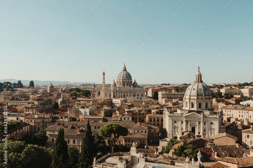 Fototapeta premium Rome cityscape panorama, sunny day, historical buildings, travel