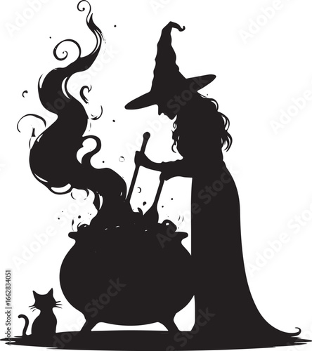 Black silhouette of a witch stirring a cauldron with a cat nearby vector