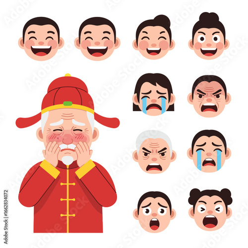 Flat design vector illustration of an ashamed Chinese cartoon character, plus happy, sad, angry, and surprised emoticons for versatile microstock use.