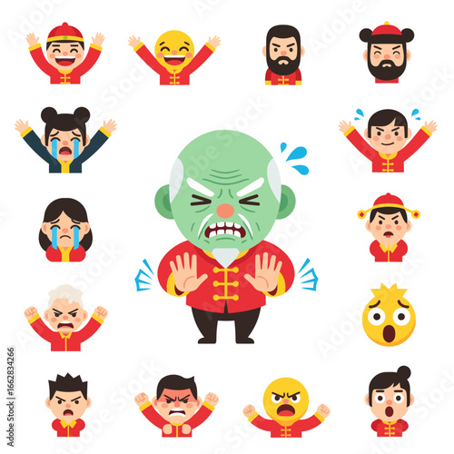 Flat style vector illustration of a disgusted Chinese cartoon character set, featuring happy, sad, angry, and surprised emoticons for apps, web, and design.