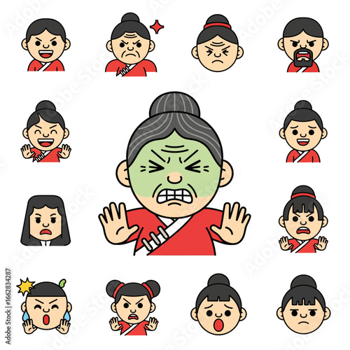 Flat style vector illustration of a disgusted Chinese cartoon character, plus happy, sad, angry, and surprised emoticons, ideal for microstock and creative design.