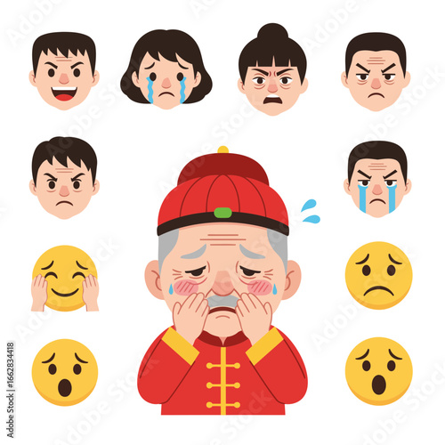 Flat style vector illustration of an ashamed Chinese cartoon character set, including happy, sad, angry, and surprised emoticons for creative design use.
