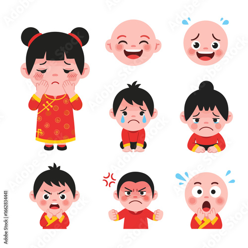 Flat vector illustration featuring a Chinese cartoon emoticon set with ashamed, happy, sad, angry, and surprised moods. Ideal for digital design and stock projects.