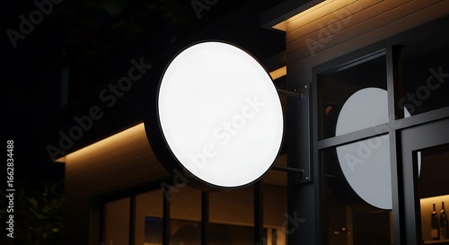 Modern blank round signboard mockup glowing at night on a dark building facade, ready for branding design