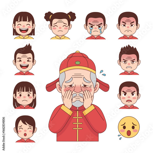 Modern flat cartoon vector set featuring an ashamed Chinese character with happy, sad, angry, and surprised emoticons—great for microstock projects.