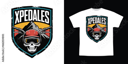Biker Skull Emblem with Crossed Handlebars and Mountain Sunset Vector T-Shirt Design