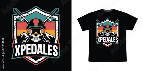 Biker Skull Emblem with Crossed Handlebars and Mountain Sunset Vector T-Shirt Design