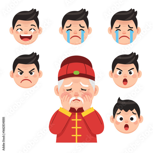 Modern flat cartoon vector set with an ashamed Chinese character and multiple emoticons—happy, sad, angry, surprised—perfect for digital and microstock projects.