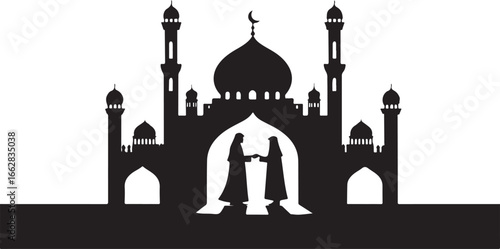 Black silhouette of a mosque with two figures shaking hands in the foreground Islamic architecture black and white