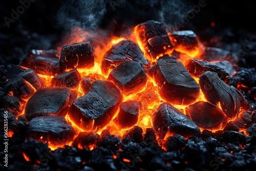 Close-up of glowing hot charcoal briquettes emitting orange heat and smoke in a dark setting