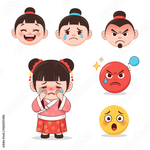 Modern vector illustration of an ashamed Chinese cartoon emoticon set, featuring happy, sad, angry, and surprised designs. Great for microstock projects.