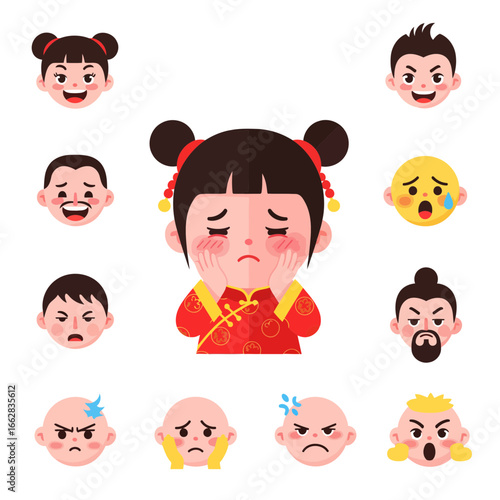 Vector emoticon pack of a Chinese cartoon character in modern flat design, showing ashamed, happy, sad, angry, and surprised expressions for stock design.