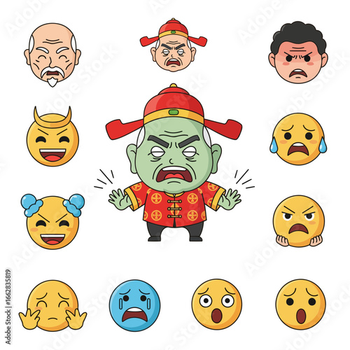 Vector illustration of a disgusted Chinese cartoon character in flat style, plus happy, sad, angry, and surprised emoticons for versatile digital design.