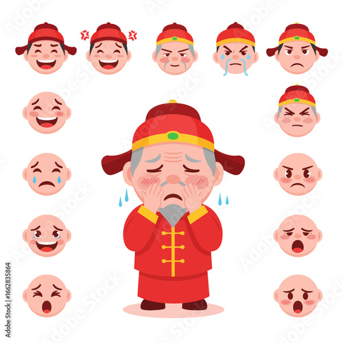 Vector of an ashamed Chinese cartoon character in flat design style, plus happy, sad, angry, and surprised emoticons for apps, web, and branding.