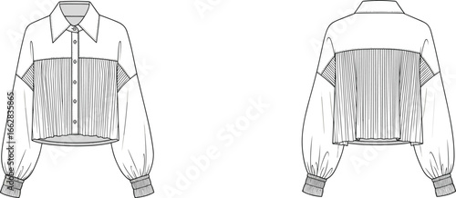 Women pleated blouse fashion sketch, CAD technical shirt drawing, puff sleeve crop top design, flat vector garment template illustration