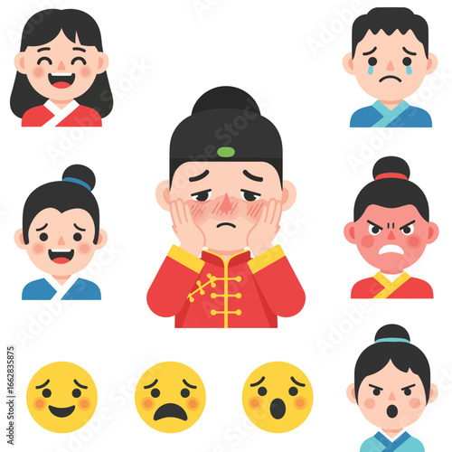 Vector set of Chinese cartoon characters in flat design showing ashamed, happy, sad, angry, and surprised moods. Perfect addition to microstock collections.
