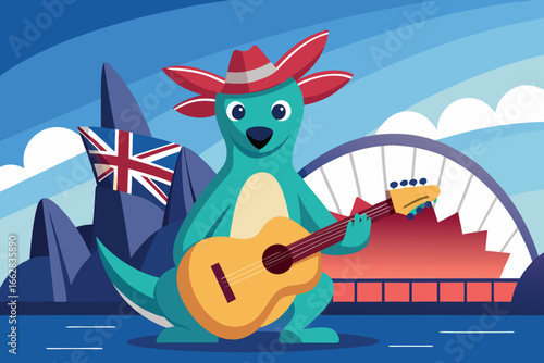 Kangaroo playing guitar with opera house and flag in background