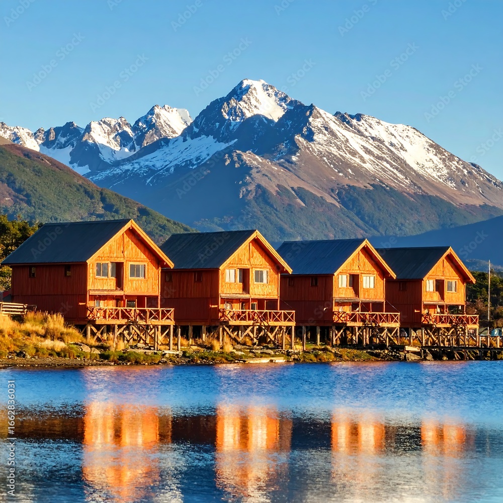 Naklejka premium Lakeside cabins near snowy peaks