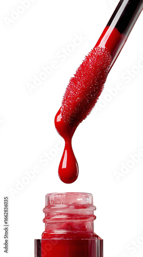 Bold red lip gloss dripping luxuriously from applicator, promising a vibrant, glamorous look for confident women seeking a signature style statement