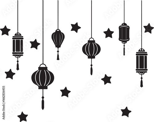 Black silhouette of hanging lanterns and stars on white background vector